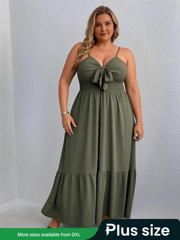 【Plus Size】 Solid Color Tie Front Cami Dress, Plus Elegant Fashion Casual Ruffle Trim Dress for Daily Outdoor Wear, Women Plus Clothing for Summer 0