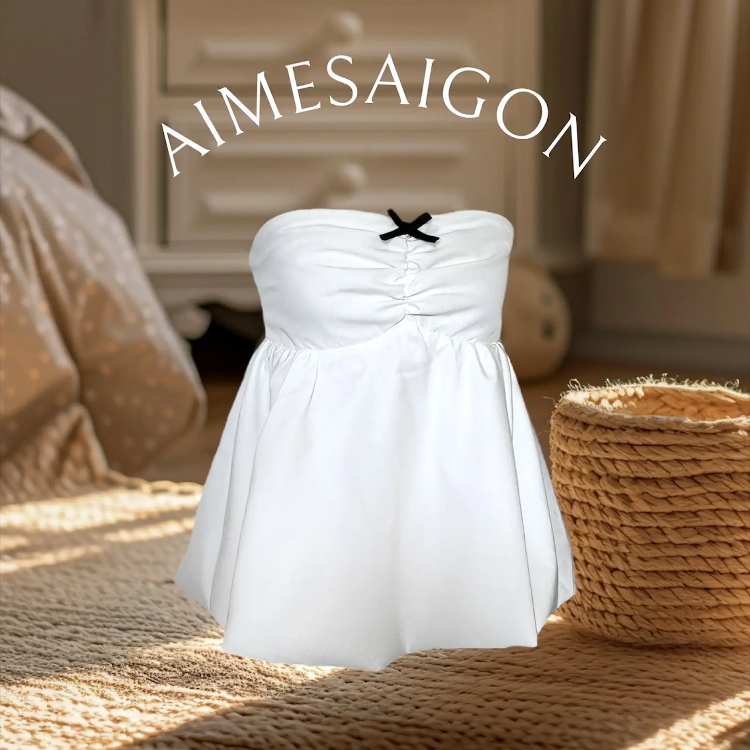 Quây Bigsize Bí Cúp Ngực Xoè Phồng Aimé Đính Nơ Lưng Bo Chun  - Aimesaigon Nữ Women Top Cup