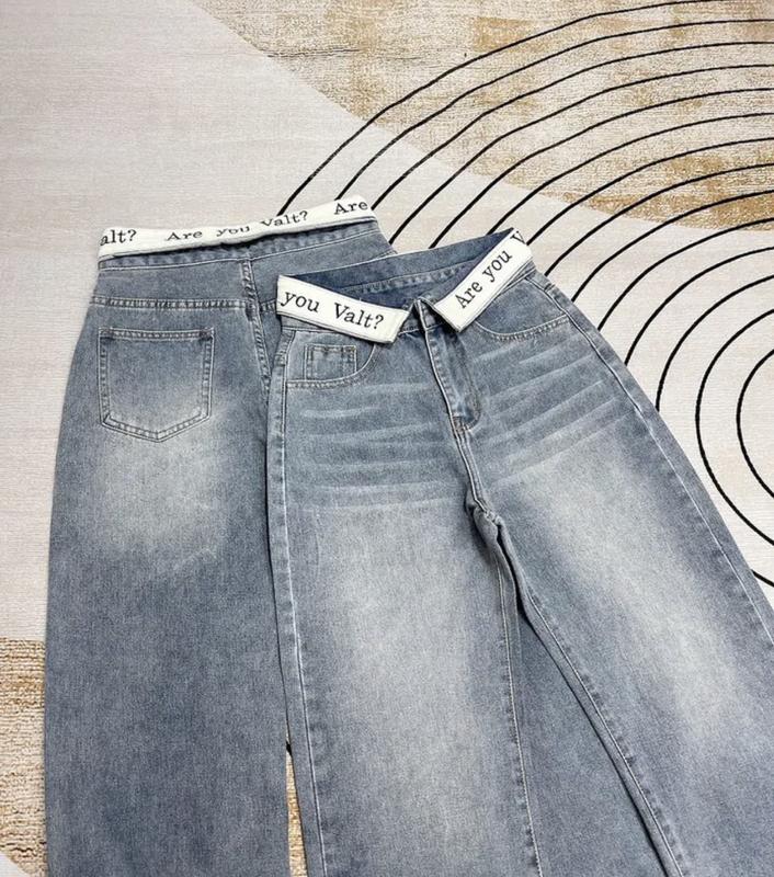 (S-XL) Quần jeans ống suông dài 103 phối lưng trắng thêu chữ