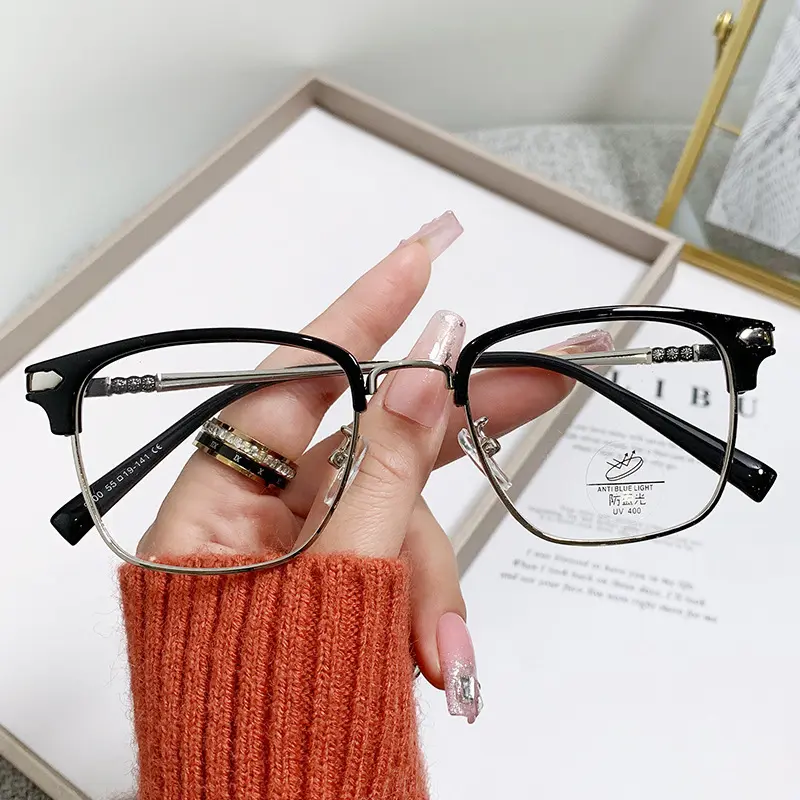 Gọng Kính Cắt Vành Nam Nữ, Mắt Kính Nửa Vành Gọng Kim Loại Chống Ánh Sáng Xanh Unisex ( tặng hộp đựng kính )