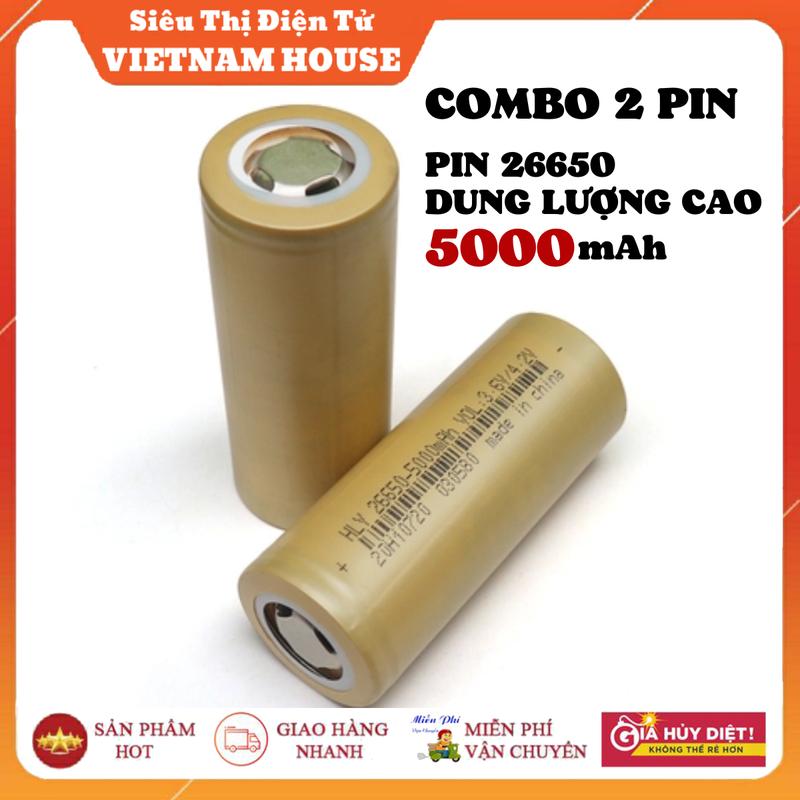 COMBO 2 VIÊN PIN 26650 DUNG LƯỢNG CAO 5000mAh, PIN LI-ION 3.7V, XẢ 25A - 5C, XÀI CHO ĐÈN PIN, LÀM MÁY KHOAN, SẠC DỰ PHÒNG.
