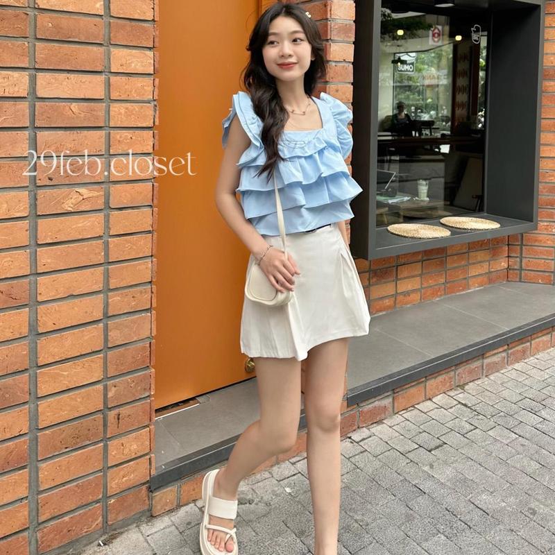 Áo babydoll cổ vuông 29feb.closet chất vải thô tay cánh tiên dây buộc nơ sau lưng thiết kế bèo nhiều lớp phong cách Hàn Quốc dễ thương, áo croptop kiểu -A261 Nữ Sơ Mi