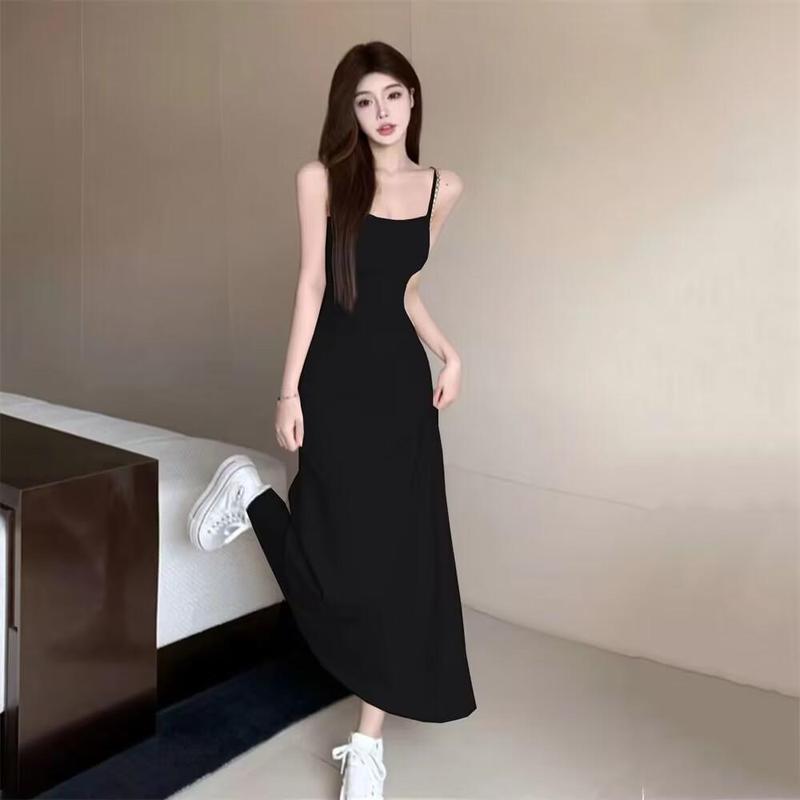 Product Introduction of Summer Dress Hot Girl Elastic Strap Dress Women Sleeveless Off-Shoulder Waist-Cinching One-Shoulder Base Long Dress 2