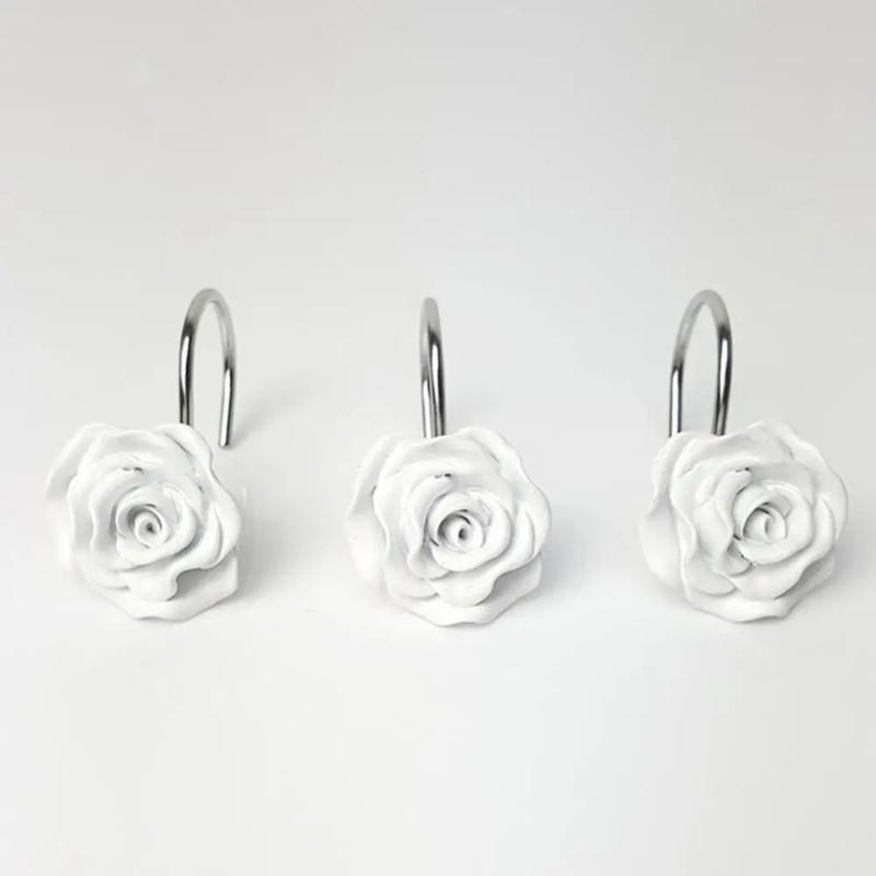 Product Introduction of 12Pcs Smooth Glide Rose Flower Design Shower Curtain Hook Free Sliding Decorative Hooks Shower Curtain Rings Rustproof Anti-Drop Shower Rod Ring Bathroom 13