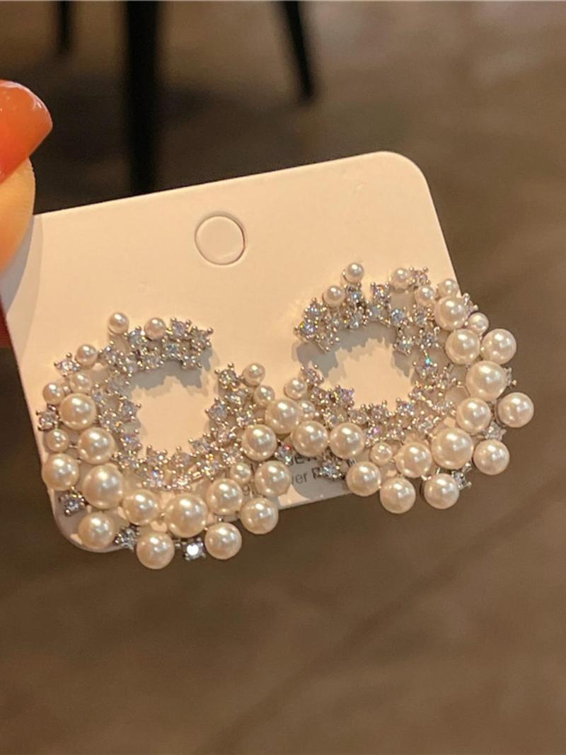 Product Introduction of Faux Pearl & Rhinestone Decorated C-shaped Earrings, Elegant Jewelry for Women & Girls, Trendy All-match & Exquisite Jewelry for Birthday Gift 4