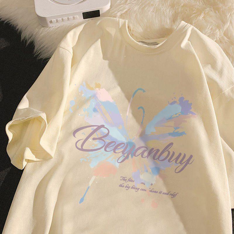 Product Introduction of 2024 Summer New Products in Stock Butterfly Print Short-Sleeved T-shirt Women's Loose All-Match Korean Style Tummy Hiding 14