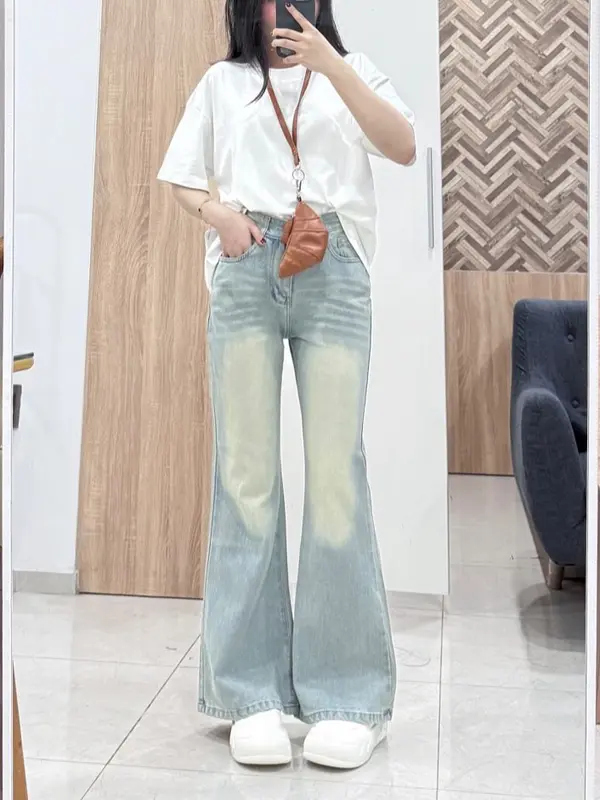 Quần Jean Ống Loe Chất Liệu Không Co Giãn Màu Retro Nữ Women Pants Ong QJ40 4