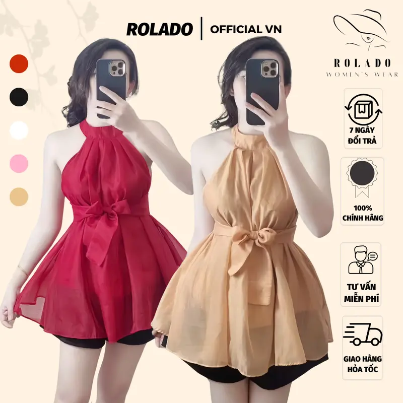 Áo kiểu nữ cổ yếm cột nơ DOLARO, áo voan kiếng 2 lớp sát nách cột nơ mặc được hai kiểu kèm hình thật Kem Jean 0