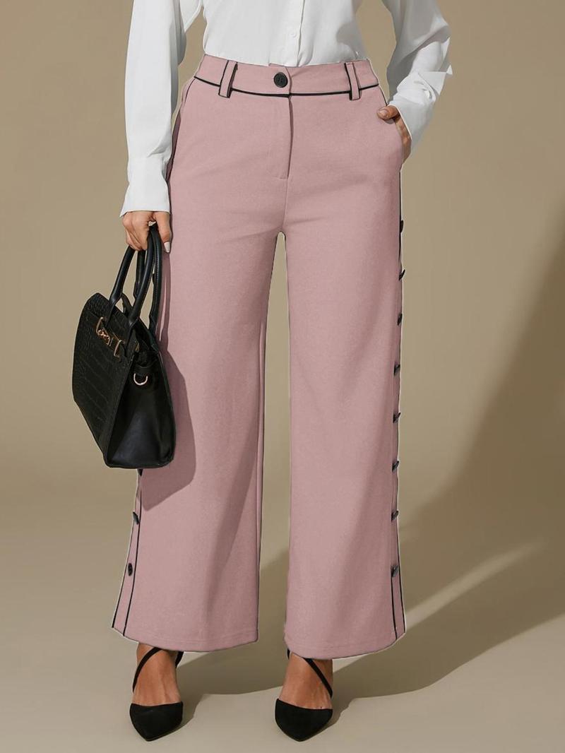 Product Introduction of Women's Colorblock Button Wide Leg Pants, Casual Comfy High Waist Trousers for Daily Wear, Ladies Bottoms for All Seasons 13