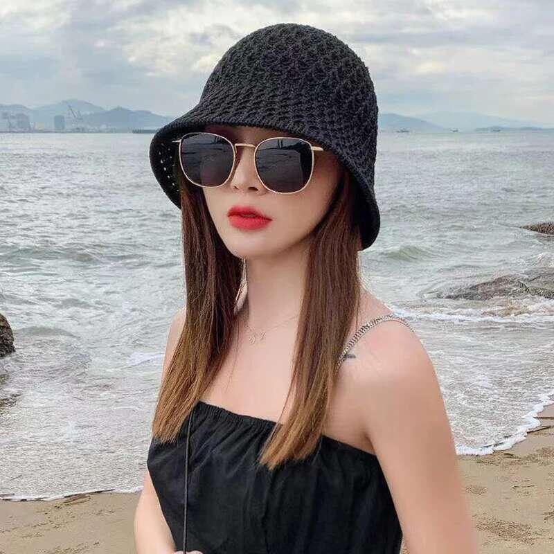 Product Introduction of Bucket Spring Summer Hollow Knitted Hat Solid Color Sunhat Fisherman Caps Casual Foldable Beach Cap 30