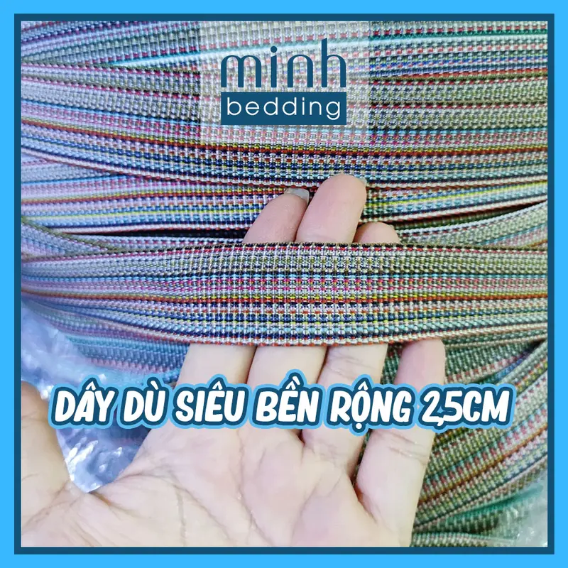 Dây dù dẹp rộng 2.5cm siêu bền chắc bán theo mét, dùng buộc võng, đan giường ghế, ràng hàng, quai túi, balo Minh Bedding 0