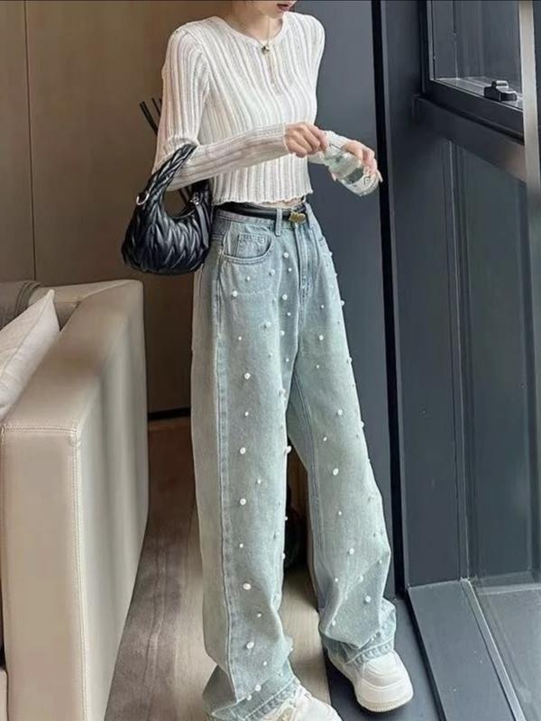 Quần jean nữ đính ngọc ống suông cạp cao chất dày mịn washi màu xanh sáng QCCC2836 Hottrend 2025 Women Pants Denim Ong