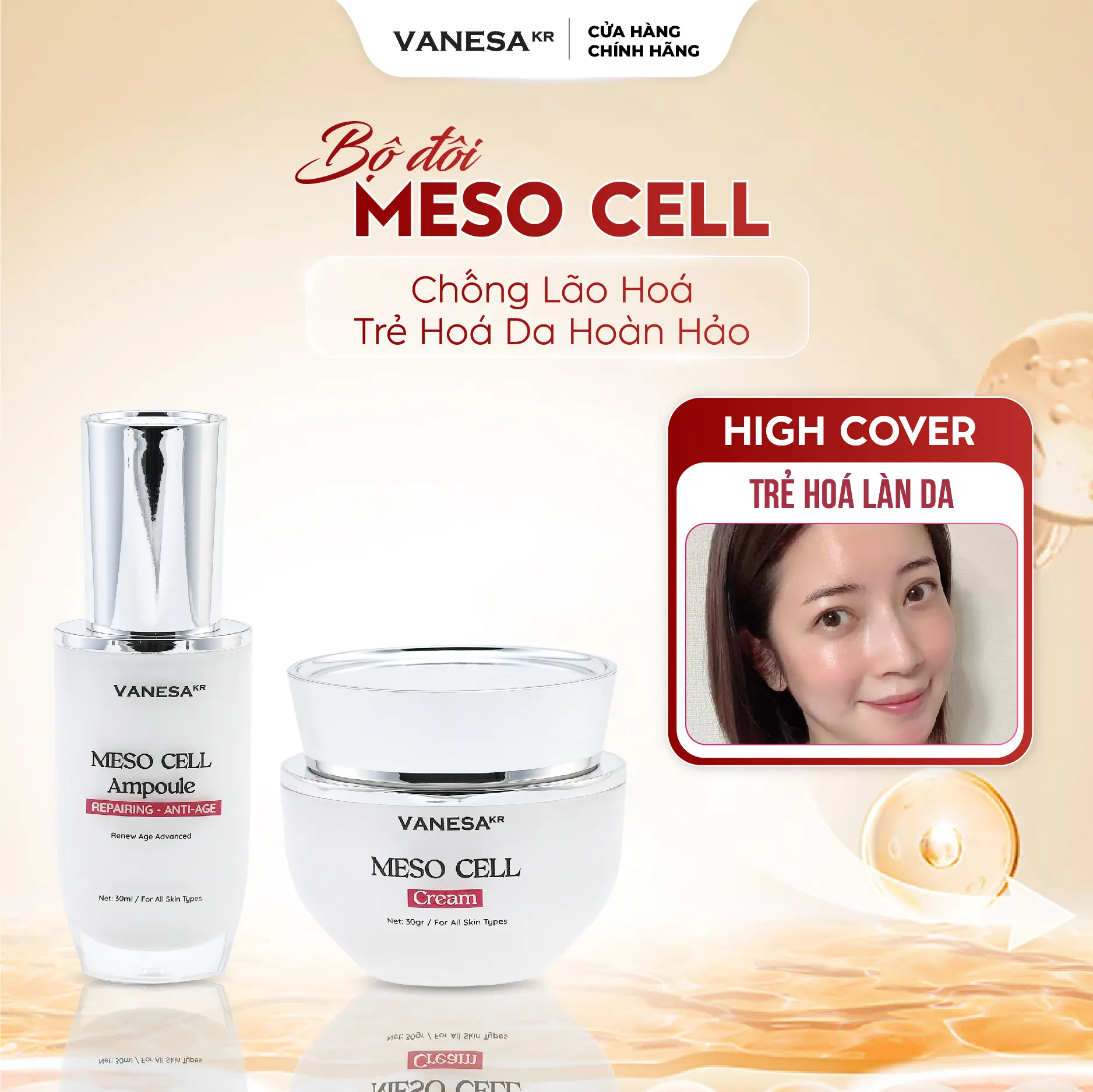 Bộ đôi sản phẩm dưỡng ẩm, sáng da, phục hồi tế bào gốc Me'so Cell Vanesa