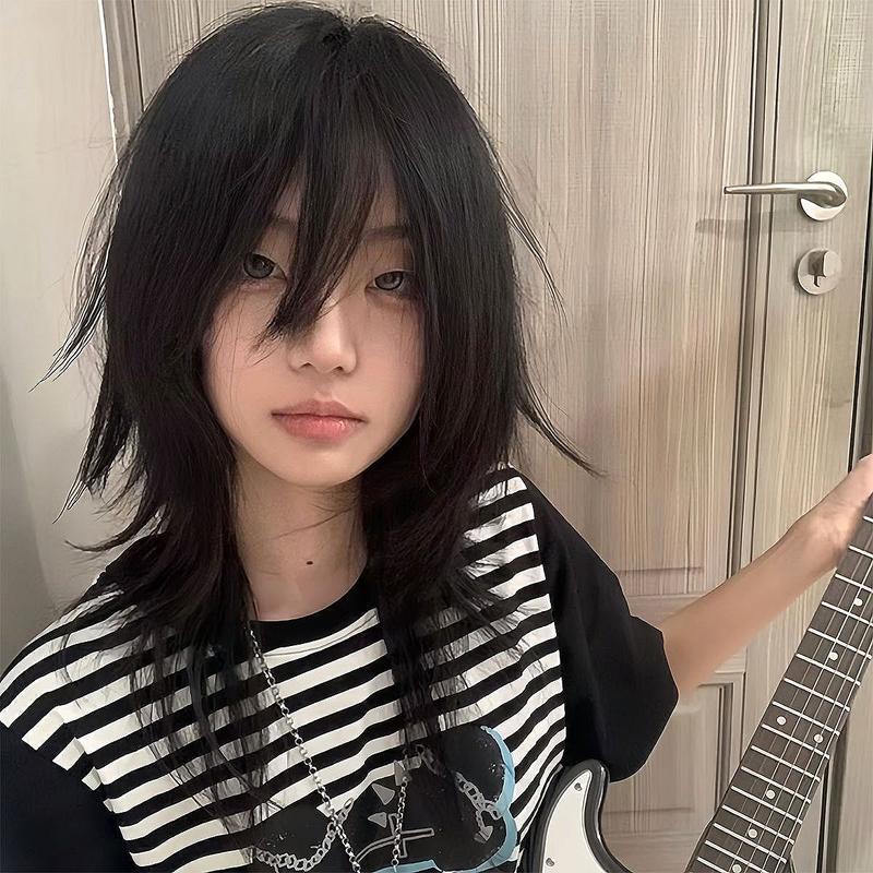 Product Introduction of Black Student Male Long Hair Wolf Tail Cos Unisex Hair Set Anime Male Mullet Head Tail Full Head Set 0