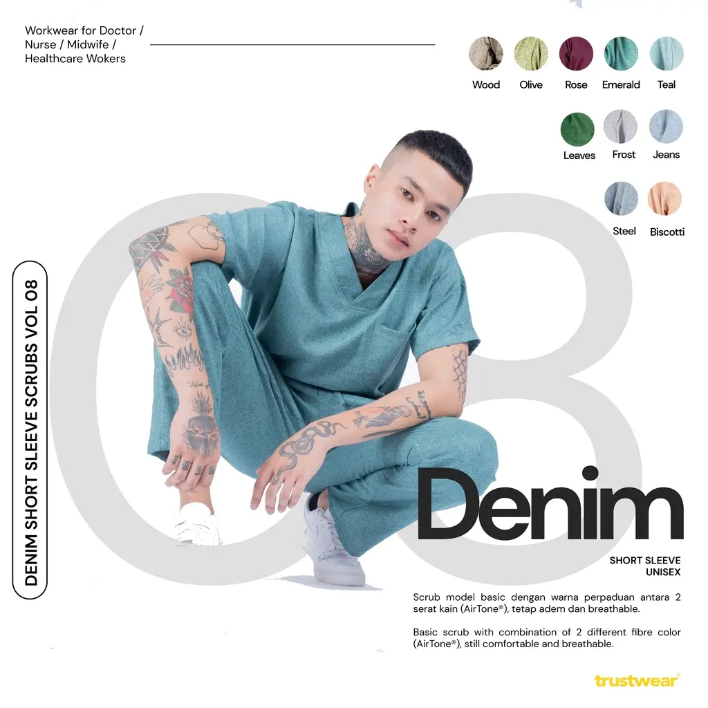 TRUSTWEAR - Denim Doctor’s Scrub / Set Baju Celana Jaga  OKA OK Perawat / Dokter Lengan Pendek VIII