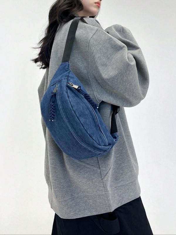 Women's Solid Color Denim Fanny Pack, Fashionable Large Capacity Sling Bag for Daily Used, Casual Trendy Versatile High-quality Daily Commuting Bag 2