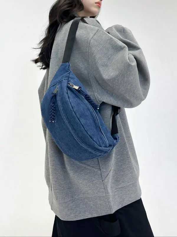 Women's Solid Color Denim Fanny Pack, Fashionable Large Capacity Sling Bag for Daily Used, Casual Trendy Versatile High-quality Daily Commuting Bag 2