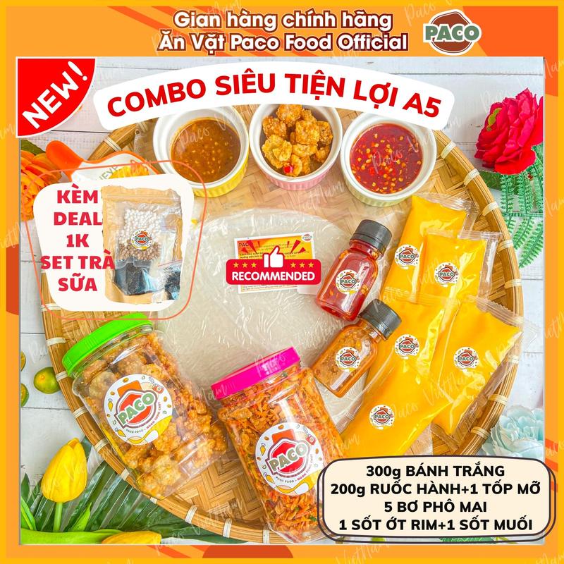 [DEAL 1K SET TRÀ SỮA] COMBO BÁNH TRÁNG PHƠI SƯƠNG SIÊU TIỆN LỢI A5 GỒM 1 HỦ TỐP MỠ 1 HỦ RUỐC HÀNH PHI 5 TÚI BƠ 1 SẤP BÁNH 300g KÈM 2 CHAI SỐT đồ ăn vặt snacks