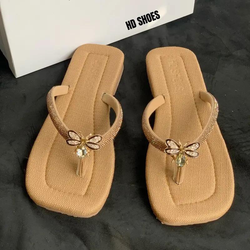 [ T42] Dép Bệt HD SHOES- Dép kẹp quai đá xoàn sáng dày dặn  đính nơ đá sang xịn, đế TPR chống trơn trượt Nữ DéP GiàY Đồng Sandal Nhung 4
