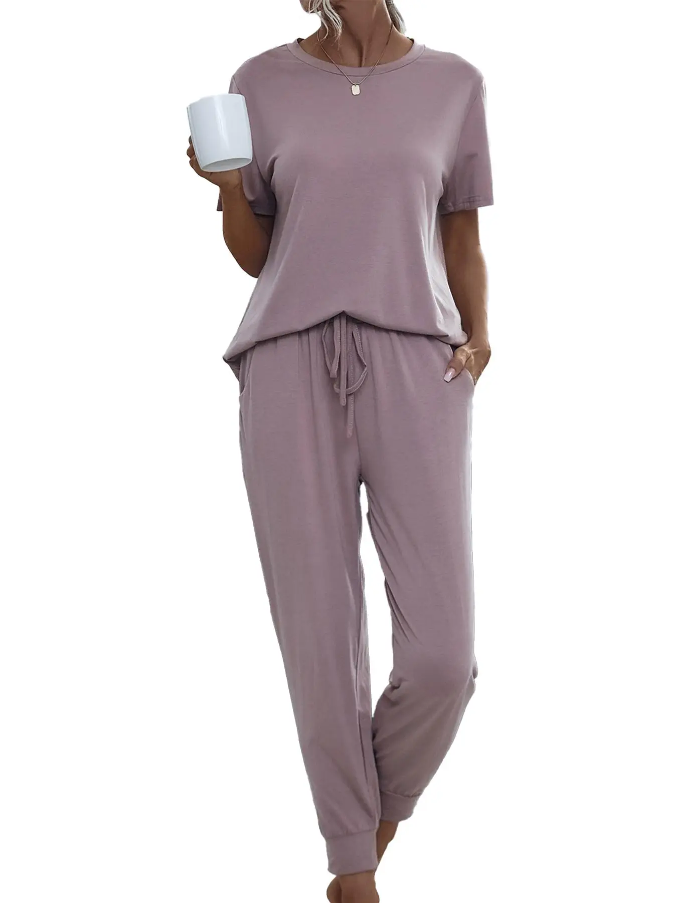 Women's Solid Co-ord Set, Chic Casual Short Sleeve Round Neck Tee & Drawstring Waist Pocket Pants Two Piece Set, Summer Outfits, Comfy Outfits for Women, Autumn Outfits