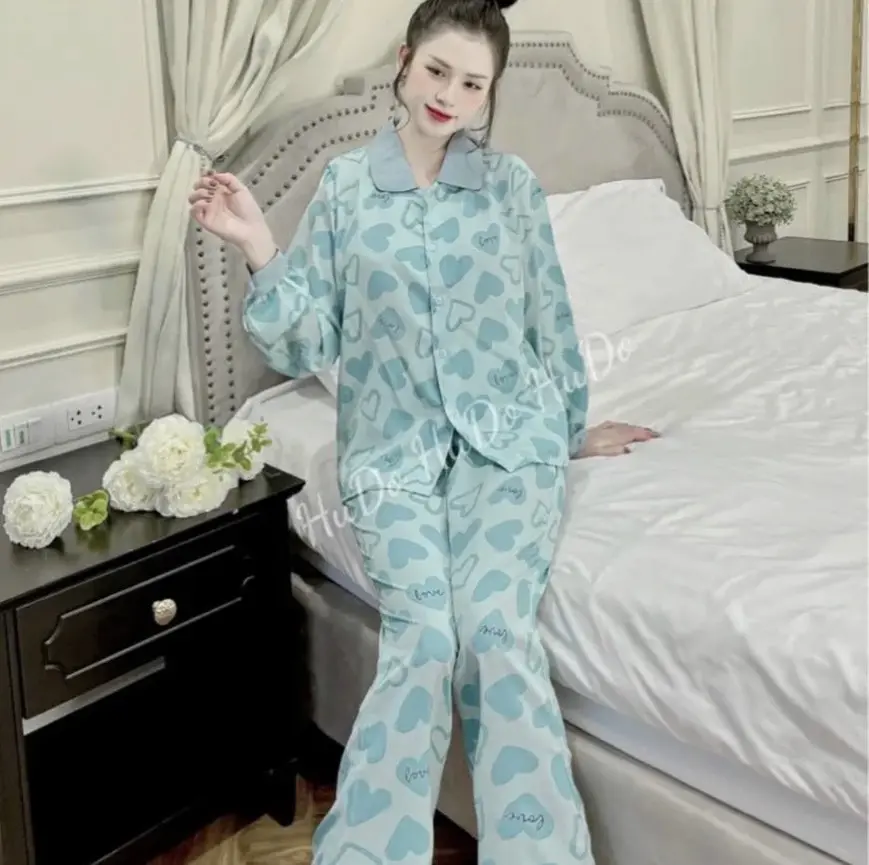 BỘ PYZAMA ÁO DÀI QUẦN DÀI TIM XANH