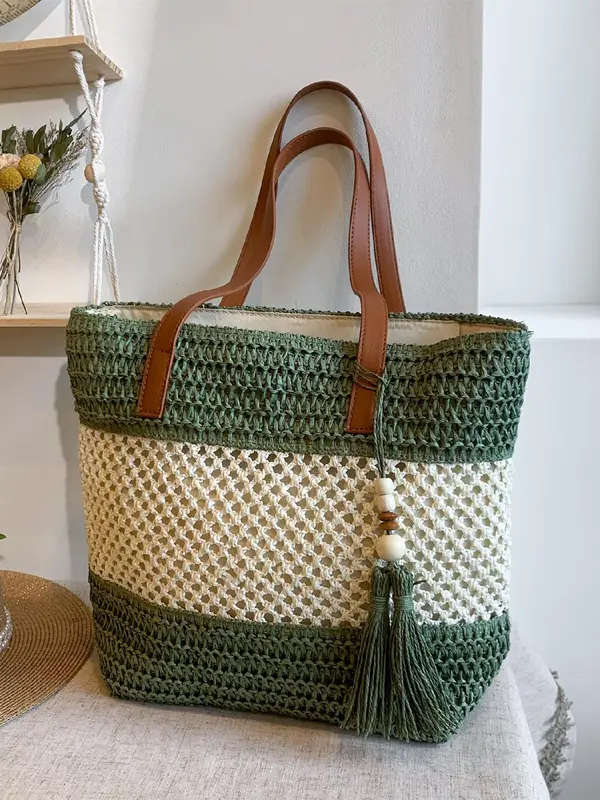 Women's Fashionable Straw Tote Bag, Large Capacity Shoulder Bag for Daily Used, Casual Trendy Versatile High-quality Daily Commuting Bag, Girl Fashionable Shopping Bag, Beaded Bags 5