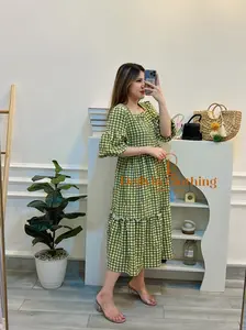 Delivia - Midi Dress Picnic Crincle - 6301-1 / Dress kotak lengan balon wanita