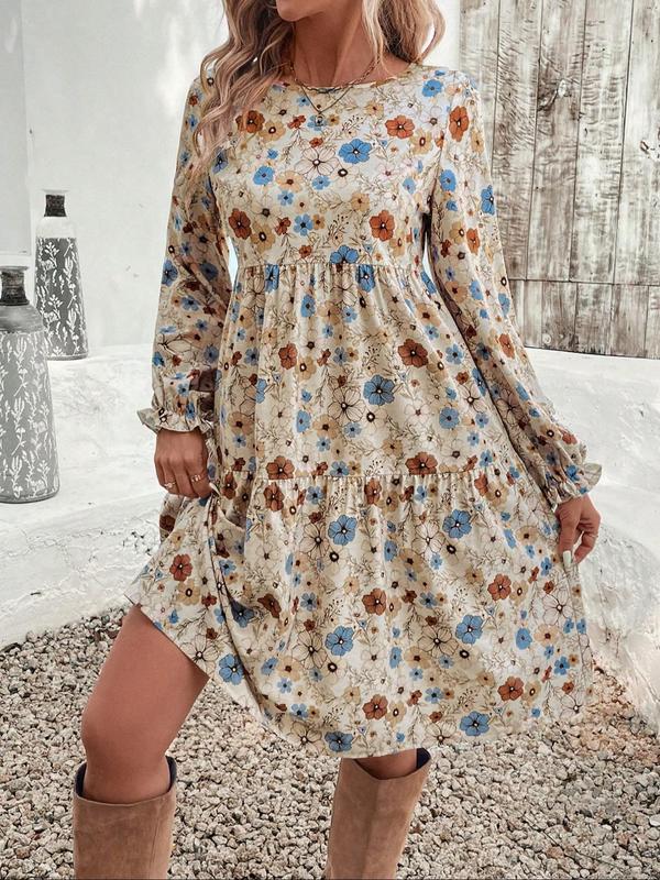 Women's All Over Floral Print Plicated Flounce Sleeve Dress, Casual Long Sleeve Round Neck Short Dress for Daily Wear, Ladies Clothes for All Seasons, Womenswear 2