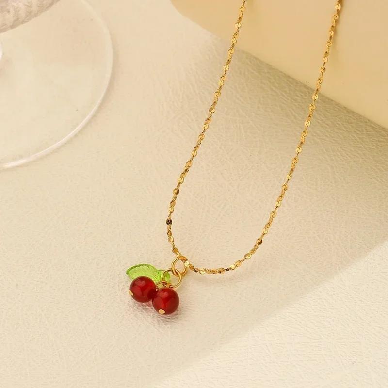 Stainless Steel Cherry Necklace, Cute Bead Pendant Necklace, Ladies' Wedding Jewelry, Birthday Gift Necklace 4