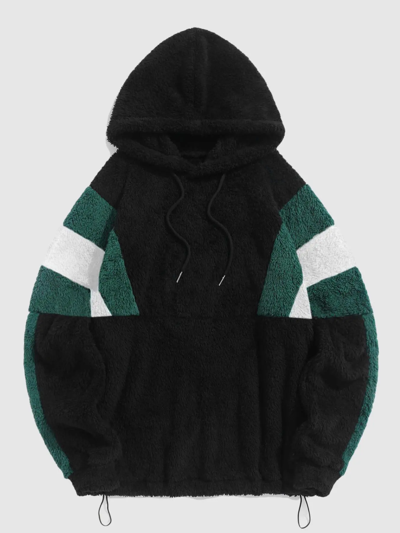 Men's Patchwork Print Drawstring Fuzzy Hoodie, Casual Loose Long Sleeve Hooded Sweatshirt for Fall & Winter, Men's Clothes for Daily Wear