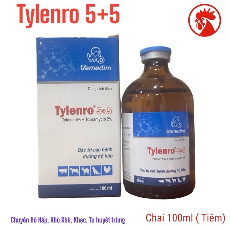 Tylenro 5+5 100ml dung dịch tiêm đặc trị các bệnh trên đường hô hấp viêm phổi sổ mũi khò khè hen gà đá gà chọi gà cựa gia súc gia cầm