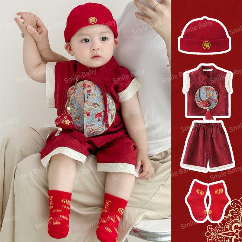 Summer New Baby Clothes Boys Girls New Chinese Set Includes Sachets 4-36 Months Baby Thin Embroidered Dragon Spring Festival 2-piece Set 1