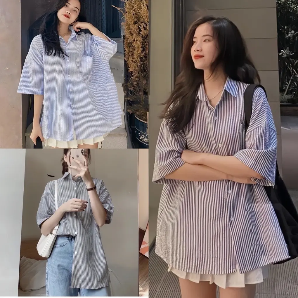 Áo sơ mi kẻ sọc tay lỡ form rộng chất đũi nhăn mát mịn Sơ mi ngắn tay phong cách hàn quốc đi học đi chơi bassic hottrend, CACA SHOP