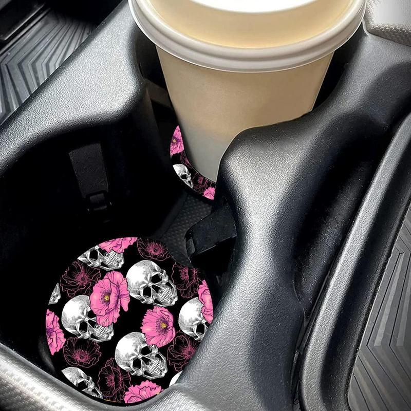Product Introduction of Car Coaster, Skull & Rose Pattern Non-slip Car Cup Mat, Waterproof & Scratches Practical Car Interior Teacup Mat for Car 2