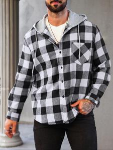 Men's Plaid Print Button Front Drawstring Hooded Shirt, Casual Regular Fit Long Sleeve Pocket Top for All Seasons, Fashion Men's Clothes for Daily Wear