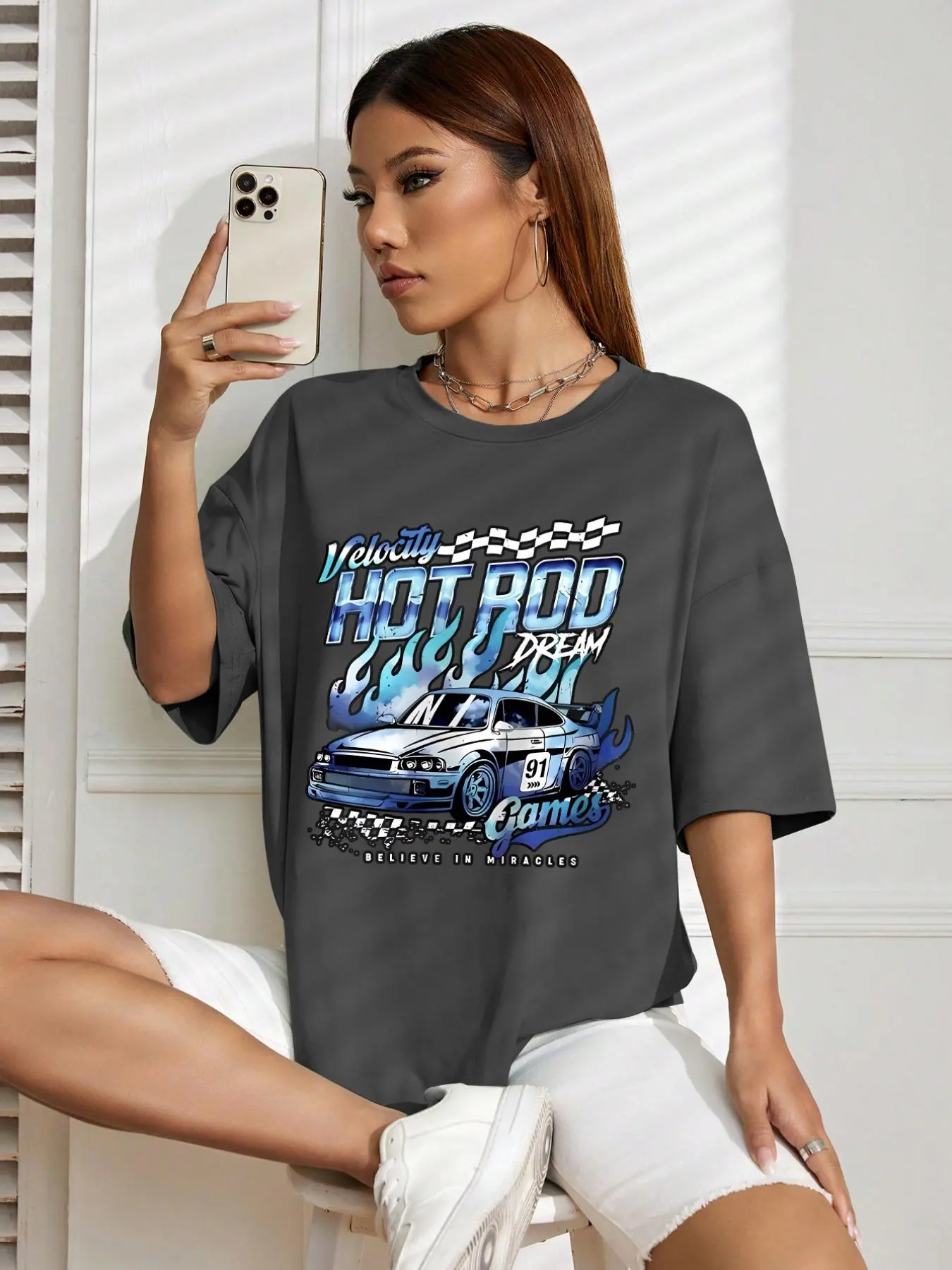 Women's Cartoon Car Graphic Print Round Neck Tee, Fashion Casual Drop Shoulder Short Sleeve T-shirt for Daily Wear, Ladies Summer Clothes