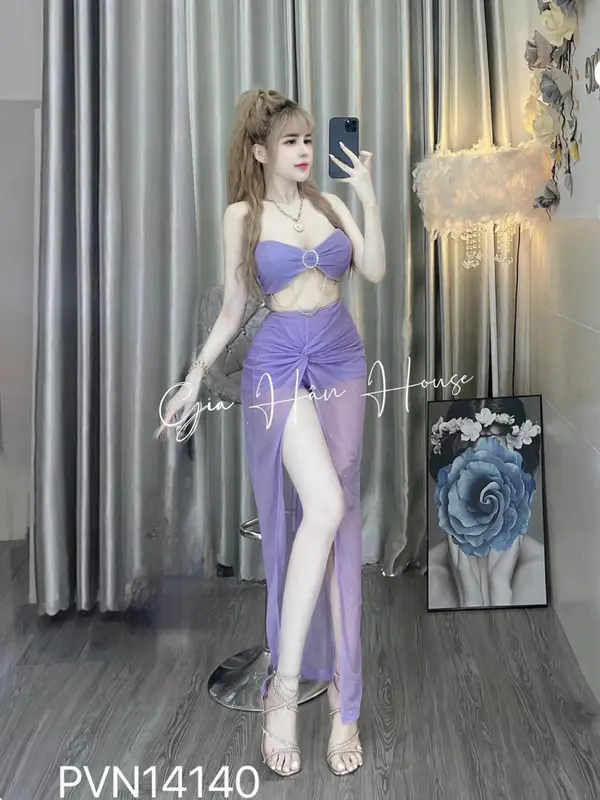 GIA HÂN - SET ÁO KHOEN TRÒN VÁY LƯỚI NHŨ (KÈM QUẦN SHORT) - 14138 - Freesize Nữ Nhung Đỏ 1