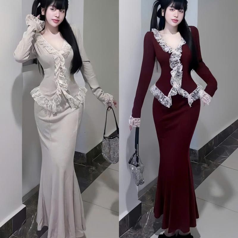  Set váy nữ borip tici thiết kế tay dài cổ chữ v viền ren mix chân váy dáng dài sang chảnh dành cho các nàng diện di chơi,di tiệc. 