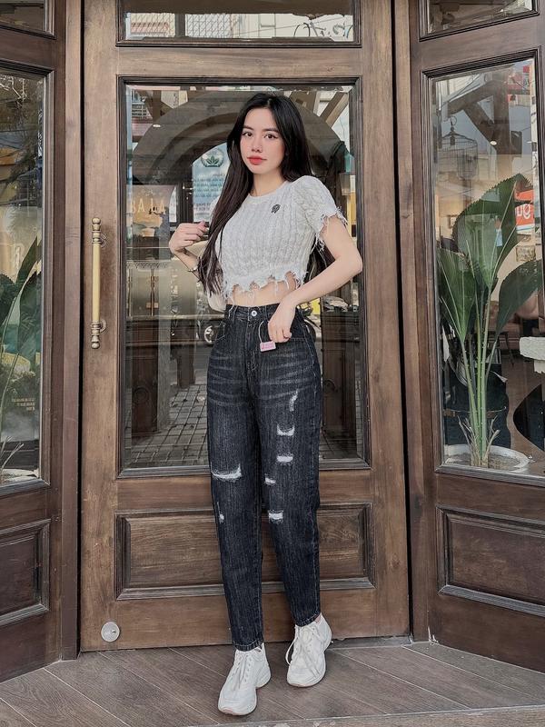 Quần Jean Nữ 9 tất Kiểu  Đen rách gối MTH031 Nữ Pants Kem