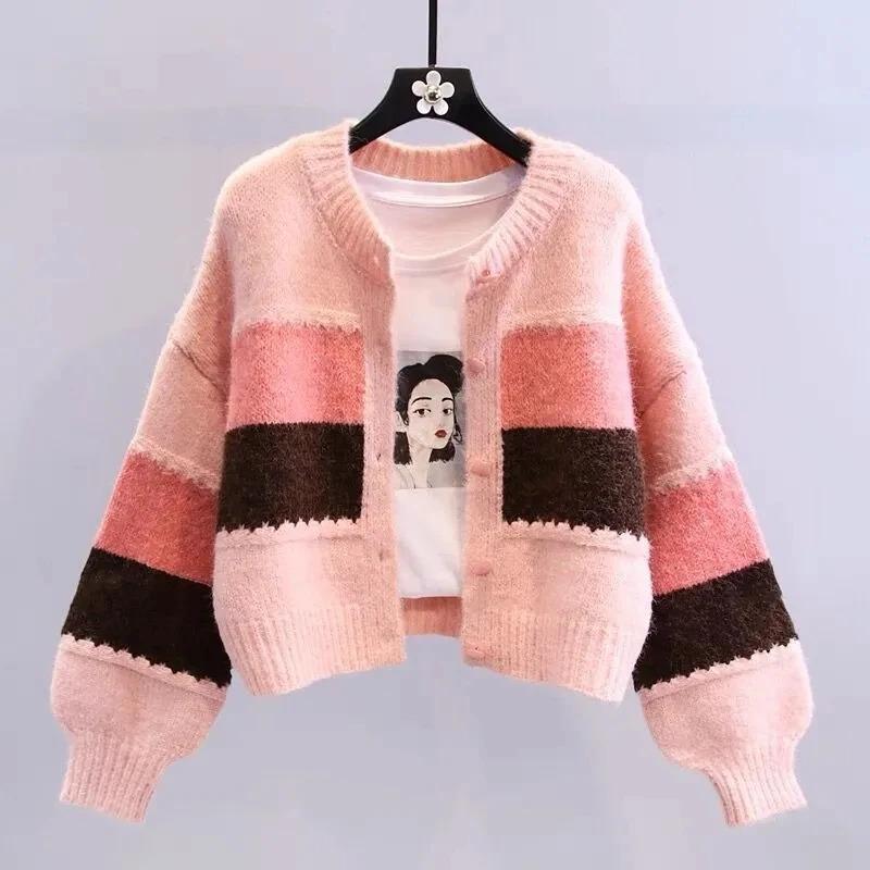 Product Introduction of Multicolor striped lantern sleeve knit loose single breasted women's cardigan sweater coat for women clothing Autumn Winter Knitwear Womenswear 19