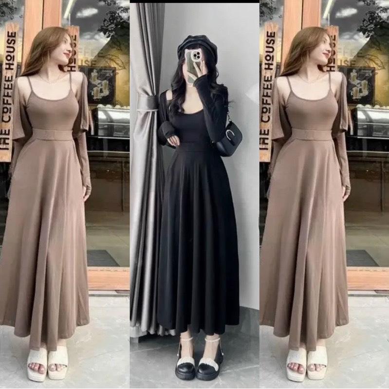 Set 3 món chân váy xòe dáng dài kèm áo hai dây mix áo khoác tay dài dễ thương - thun gân Nữ  Top Nữ Kem Women Cổ Tròn Nâu