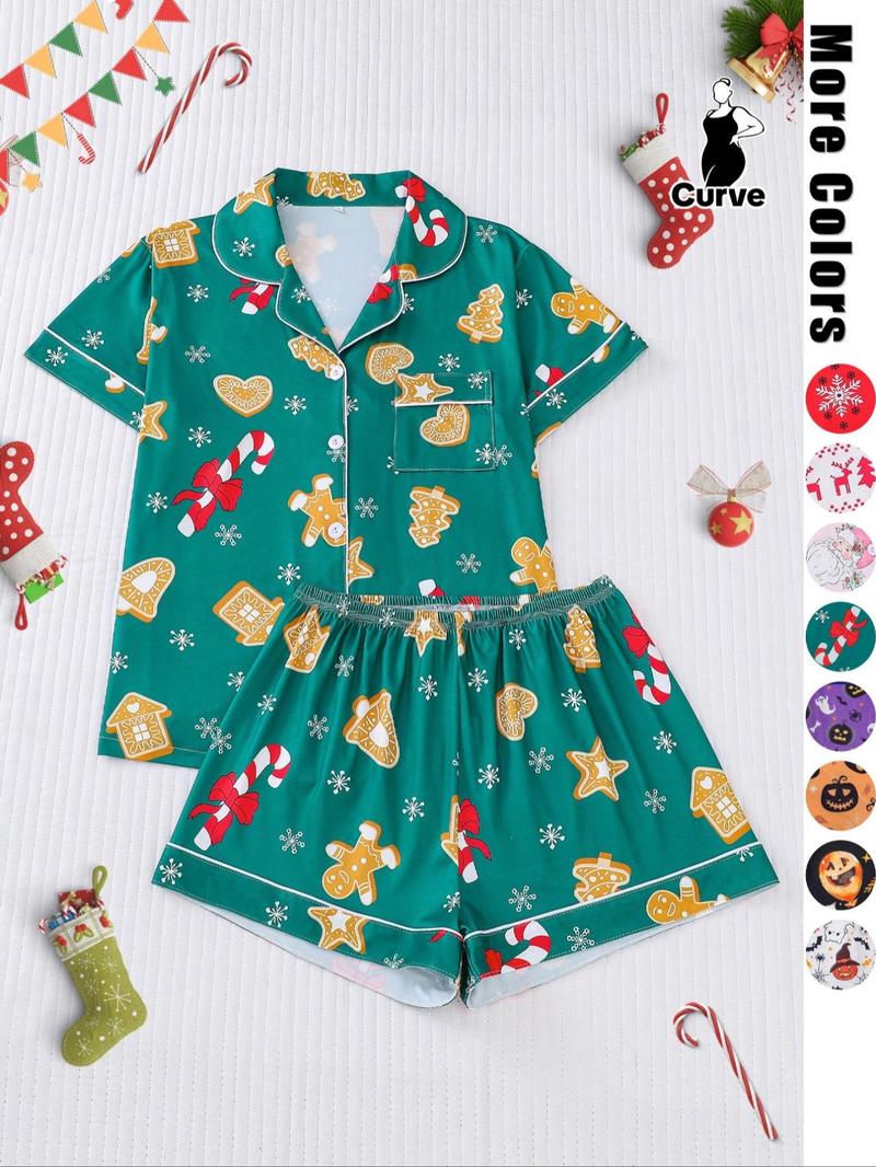 Product Introduction of 【Plus Size】 Two-piece Set Pumpkin & Skull Print Lapel Neck Pocket Shirt & Elastic Waist Shorts Pyjama Set, Halloween Casual Comfy Short Sleeve Button Up Top & Shorts Pj Set, Halloween Pajamas, Christmas Pajamas, Pyjamas for Women 3