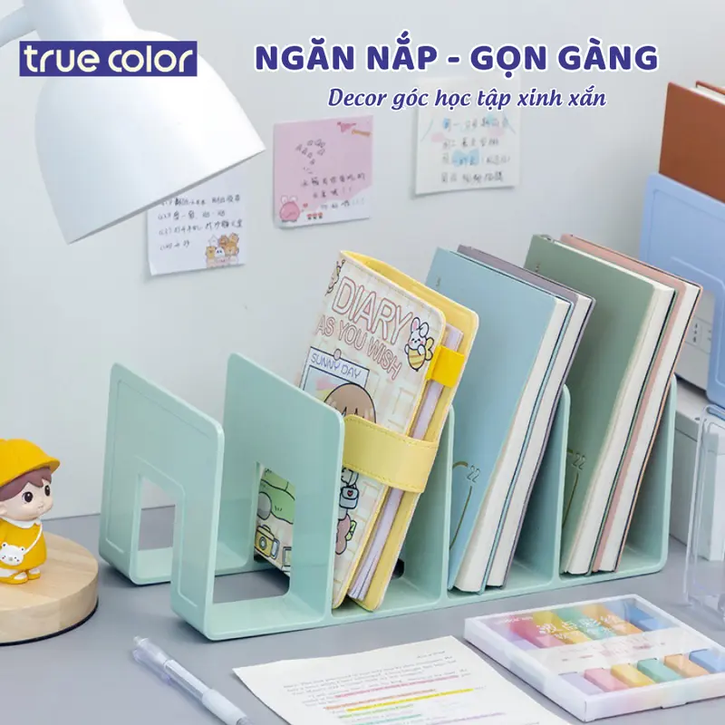 Giá sách để bàn 4 ngăn, kệ đựng sách màu pastel, khay kệ đựng tài liệu văn phòng nhựa cứng, bền đẹp 2