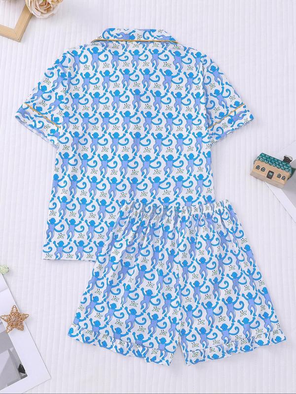 Girl's All Over Print Lapel Shirt & Elastic Waist Shorts Pyjama Two-Piece Set, Casual Comfy Short Sleeve Top & Shorts PJ Set, Kids Sleepwear for Summer 1