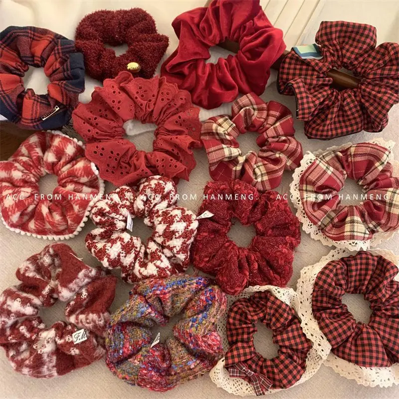 Scrunchies Cổ Điển Màu Đỏ Và Trắng, Dây Buộc Tóc Kẻ Sọc, Phong Cách Duyên Dáng, Ngọt Ngào, Phụ Kiện Tóc, Dành Cho Phụ Nữ, Năm Mới, Năm 2025 Women Thun