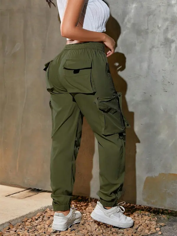 Women's Solid Pocket Drawstring Cargo Pants, Street Fashion Casual Trousers for Daily Wear, Ladies Bottoms for Spring & Fall 8