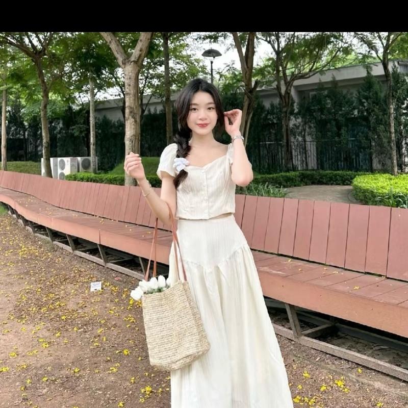 Sét áo kiểu mix chân váy xoè dáng dài chất đũi gân - Shopgaoxinh - Women, Nữ 2