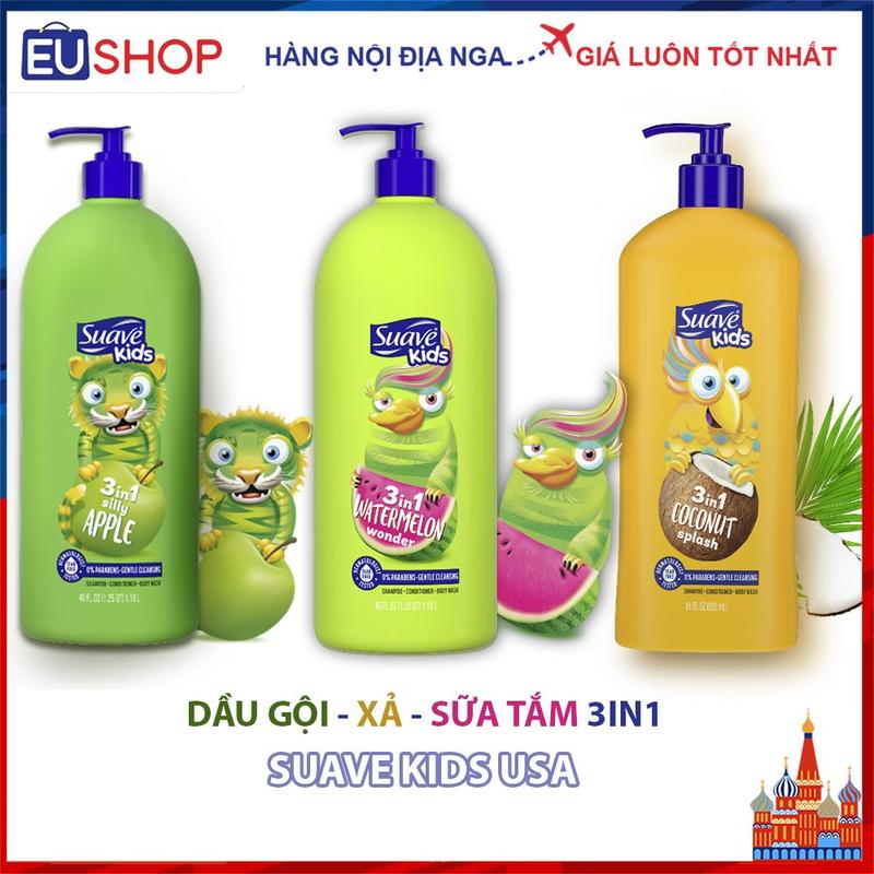  Sữa tắm gội xả 3in1 dành cho trẻ em SUAVE KIDS - Hương táo xanh dưa hấu dâu chai 532ml - 1.18l 