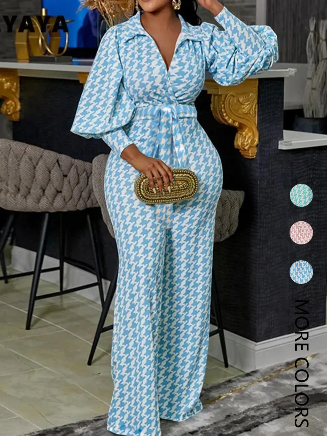 Women's Houndstooth Print Belted Wide Leg Jumpsuit, Elegant Bishop Sleeve V Neck Jumpsuit for Daily Wear, Ladies Clothes for All Seasons