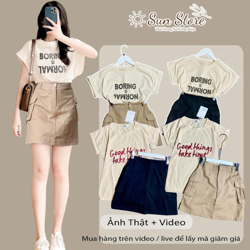 Bộ đồ nữ SunStore chân váy chữ A túi hộp phối áo thun tay cánh dơi - Chất kaki dày, nhiều size đến 68kg Top Women set  váy set áo  lệch vai Bo Chun